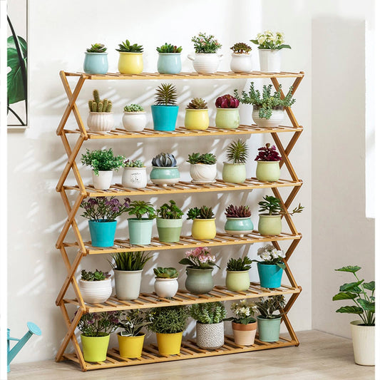 Tall Plant Stand No Assembly Required 6-Tier Foldable Bamboo Plants Shelves for Indoor Outdoor, Large Capacity Flower Pot Holder for Multiple Plants for Living Room, Patio, Balcony, Office