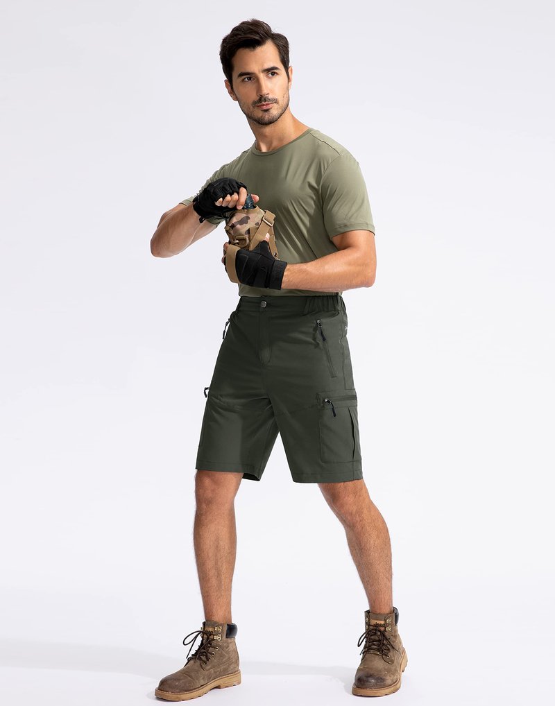 Pudolla Men's Hiking Cargo Shorts 9" Lightweight Outdoor Work Shorts for Men Travel Golf Camping Casual with 5 Zipper Pockets(Army Green XX-Large)