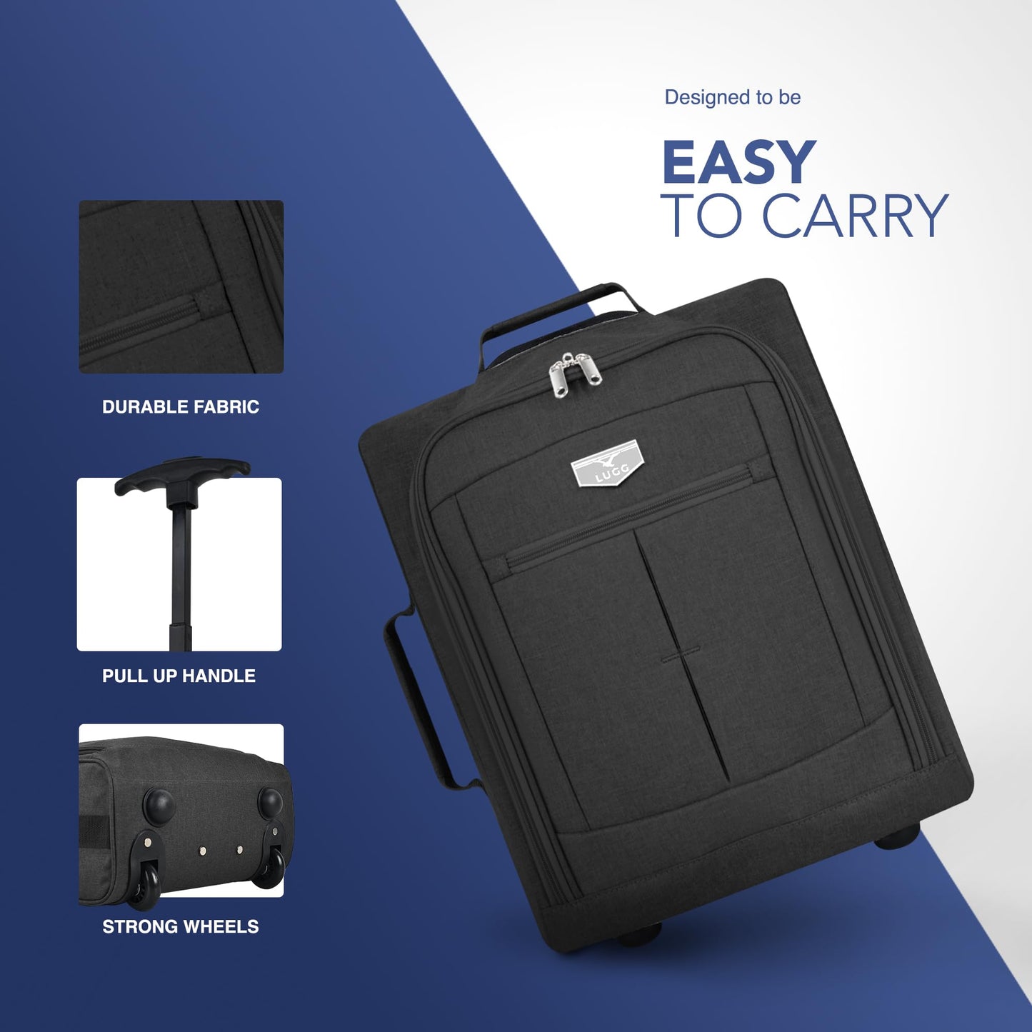 LUGG Cabin Size Lightweight Luggage - Durable 600D Polyester Snowflake Push Up Trolley - Solid Wheels - Easyjet, Ryanair, British Airways - Airway Locker (45x36x20cm)