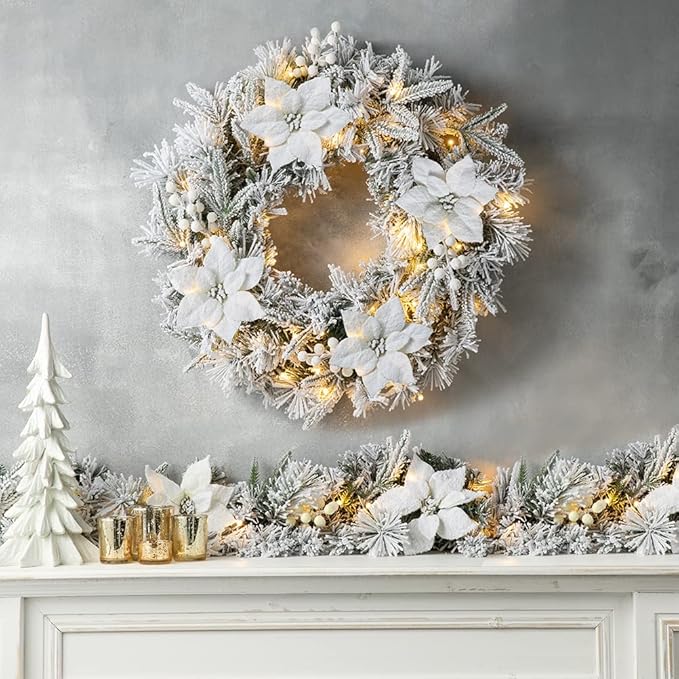 Glitzhome 24" D Pre-Lit Snow Flocked Greenery Pine Poinsettia Christmas Wreath, with 50 Warm White Lights with Timer