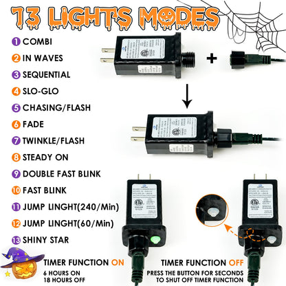 Connectable Purple and Orange Halloween Lights, 2Pack 164ft 400Led 13 Modes Waterproof String Lights Plug in, Twinkle Light with Timer Indoor/Outdoor for Tree Party Halloween Decorations
