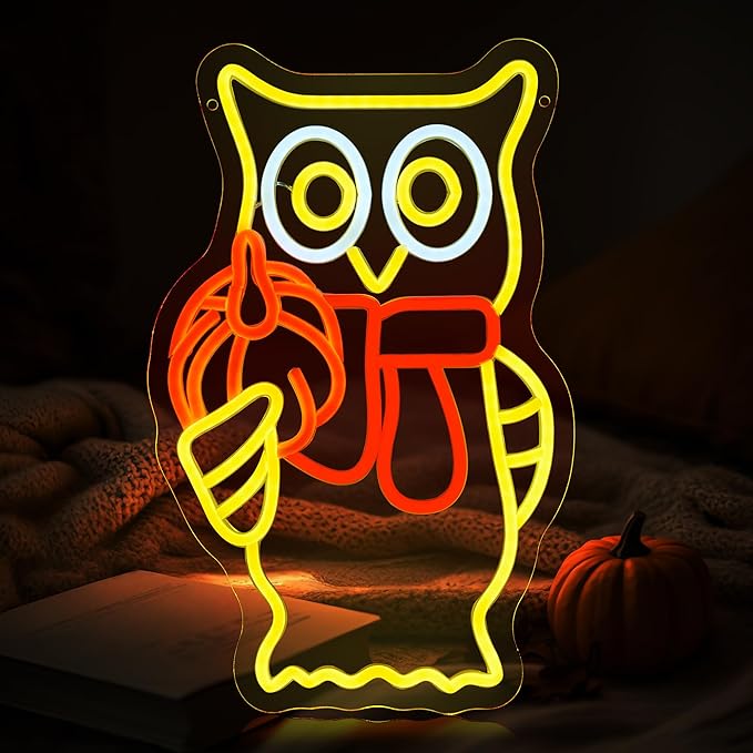 Hanna Roberts Owl Pumpkin Halloween Neon Sign for Window decor and Wall Decor, Brightness adjustable Pumpkin Led Light Up Signs for Children's Room, Bedroom, Bar,15"x8.66"