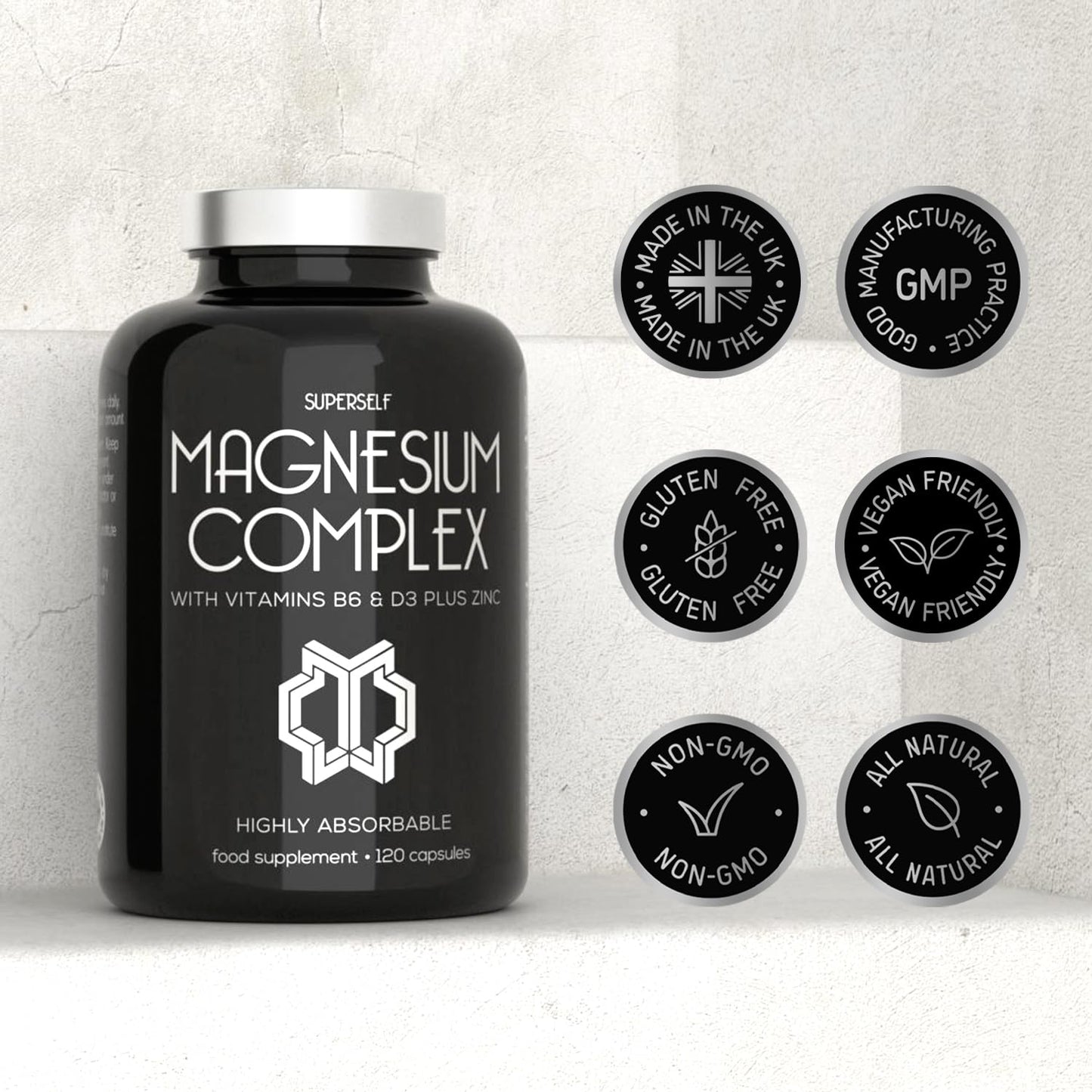 Magnesium Complex 1466mg - Magnesium and Zinc Supplements with Vitamin D3 & B6 - Premium Supplements for Women & Men - High Strength Chelated Citrate Tablets - 120 Capsules - Vegan & UK Made