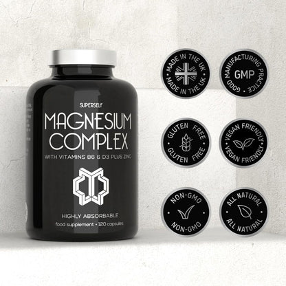 Magnesium Complex 1466mg - Magnesium and Zinc Supplements with Vitamin D3 & B6 - Premium Supplements for Women & Men - High Strength Chelated Citrate Tablets - 120 Capsules - Vegan & UK Made