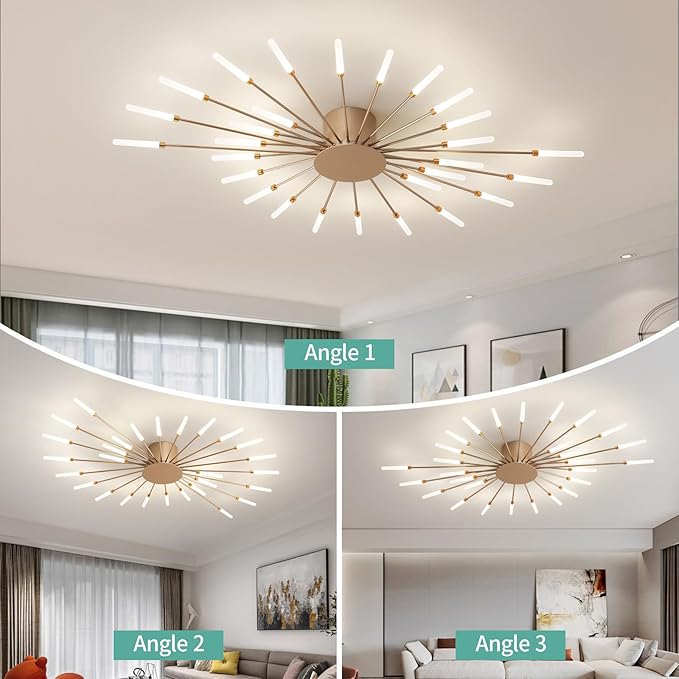 ziidoo Modern Ceiling Light, 28 Lights Metal Firework Designed Chic Led Lighting Fixture for Farmhouse Kitchen Dining Room Bedroom Hallway Living Room (Gold and Dark Gold)
