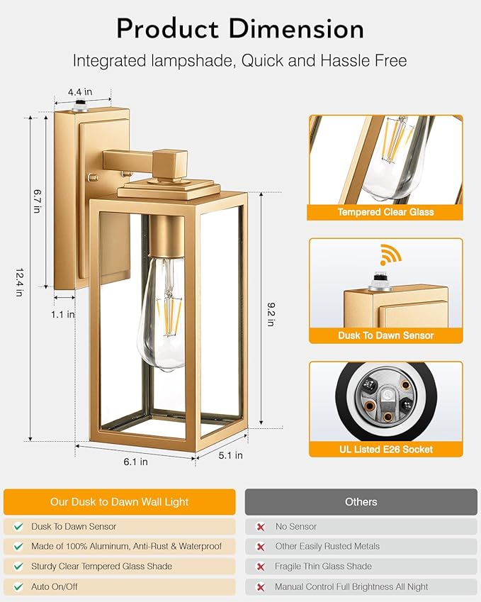 VIANIS Dusk to Dawn Outdoor Wall Lanterns, 2 Pack Golden Exterior Lighting Fixtures Wall Mount Sconces with Photocell Sensor, Waterproof Gold Porch Light Outside Garage Sconces Lamps for House Patio