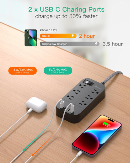 Power Strip - 10 FT Long Flat Plug Extension Cord, 6 Outlets 2 USB A 2 USB C Ports Outlet Extender with Overload Protection, Wall Mount, Desktop Charging Station for Home, Office and Dorm Essential