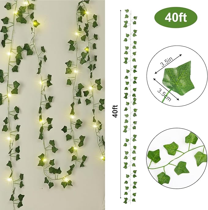 CEWOR Vine with Fairy Lights Battery Operated, 40ft 120 LED Ivy String Lights, Artificial Ivy Garland with Lights for Bedroom, Room, Wall, Garden, Party, Wedding Decor