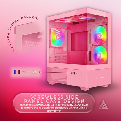 Apevia Phantom-PK Phantom Micro-ATX Dual-Chamber Gaming PC Case w/ 5X 120mm ARGB Fans, 366 RGB Modes, Dual Tempered Glass Panels, 240mm Radiator Support, 2X USB3.0, HD Audio Port, Pink