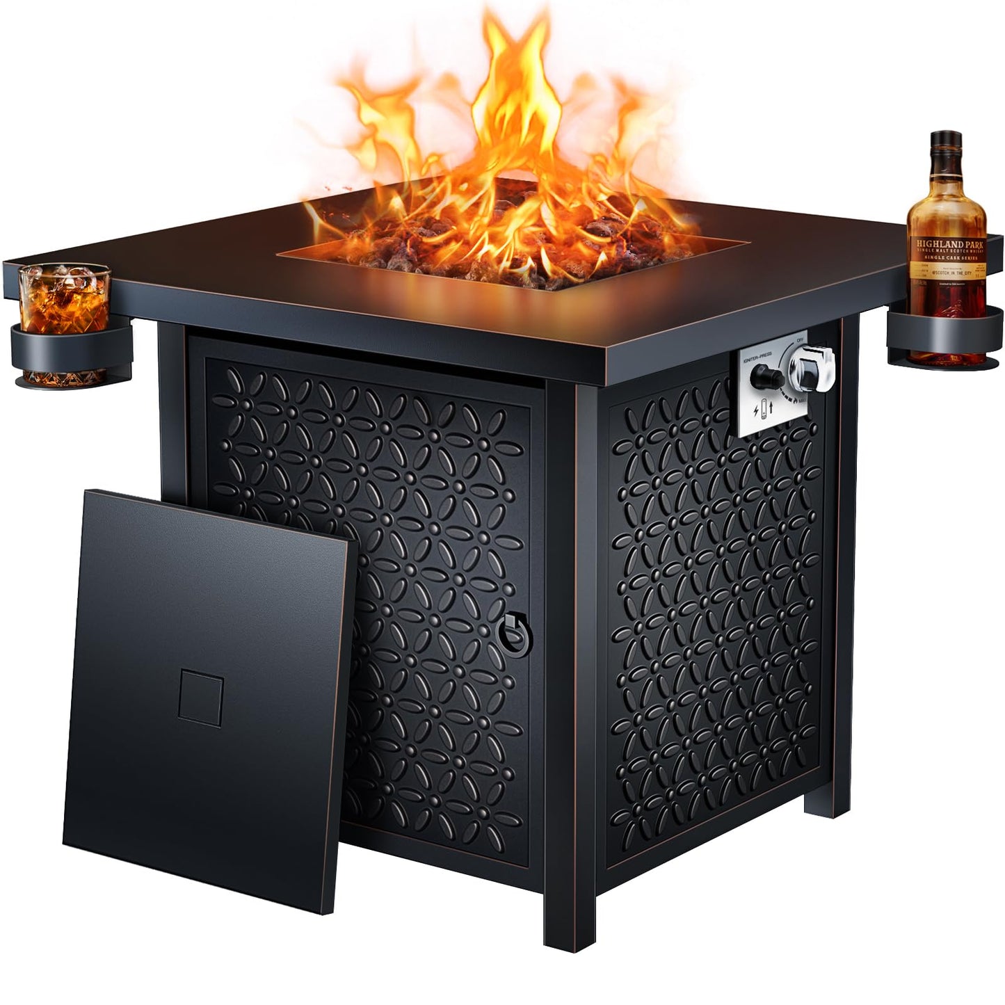 Ciays Propane Fire Pit, 28 inch Fire Pit Table with Two Cup Holders, 50,000 BTU Steel Gas Fire Pit with Pulse Ignition System, Perfect for Patio, Garden & Backyard Gatherings, CIFPT11B, Black