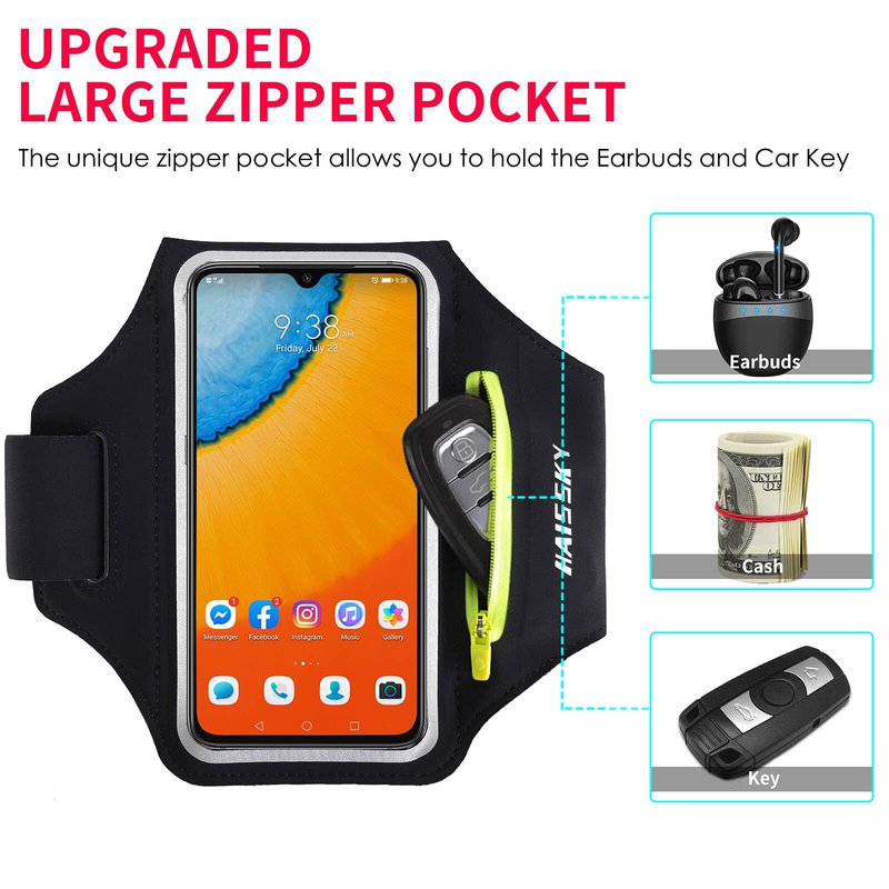 Running Armband with Earphone Bag Cell Phone Armband for iPhone 17 16 15 Pro 14 Plus 13 11 XR, Galaxy S24/S10 Water Resistant Sports Phone Holder Case & Zipper Slot Car Key Holder for 6.7 inch Phone