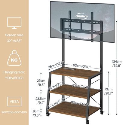 HOOBRO Rolling TV Stand with Mount and Power Outlet Up to 55 inch TV, Corner Entertainment Center, Small TV Stand with 3-Tier Storage Shelves for Living Room, Bedroom, Rustic Brown and Black BF66UDS01
