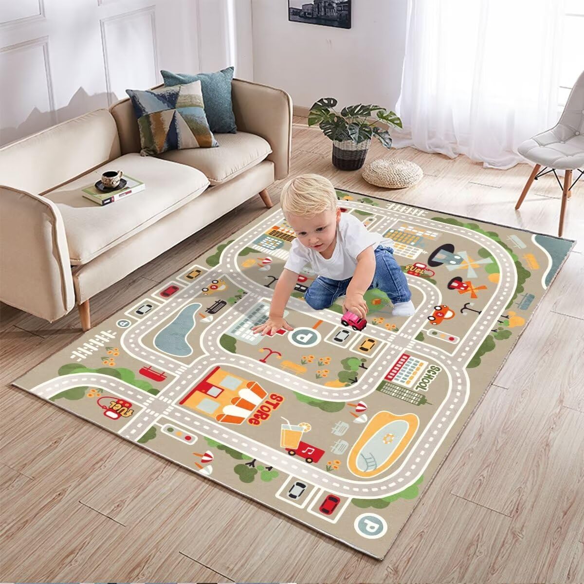 TYKTZXY Car Rugs Play Mat for Toy Cars，Kids Rug with Roads for Playroom，City Life Road Carpet for Baby Learning，Non-Slip Educational Nursery Rug for Toddlers(Grey, 80×120cm/31×47")