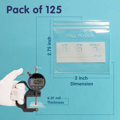 125 Packs 6 Mil Sturdy Pill Bags BPA Free Pill Pouch 3 x 2.75 Inch Write-on Label Seal Waterproof Reusable Clear Small Ziplock Plastic Bags for Travel Pill Organizer, Jewelry and Small Craft Pieces