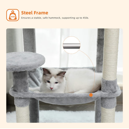PAWZ Road 143cm Cat Tree for Indoor Cats with Metal Frame Large Hammock, 56.3 Inches Big Cat Tower with Scratching Posts and Top Perch, 4.7ft Multi-Level Activity Center with Replaceable Pompon, Grey