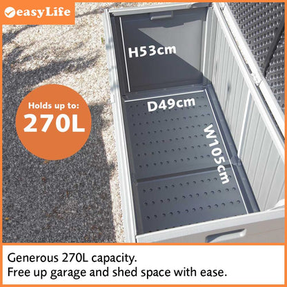 Easylife Steelcore270 Steel-Reinforced Garden Storage Box with 270 Litre Capacity, Lockable and Waterproof Garden Tool Storage Chest, No Tool Assembly, H53xW105xD49cm- Fully Guaranteed