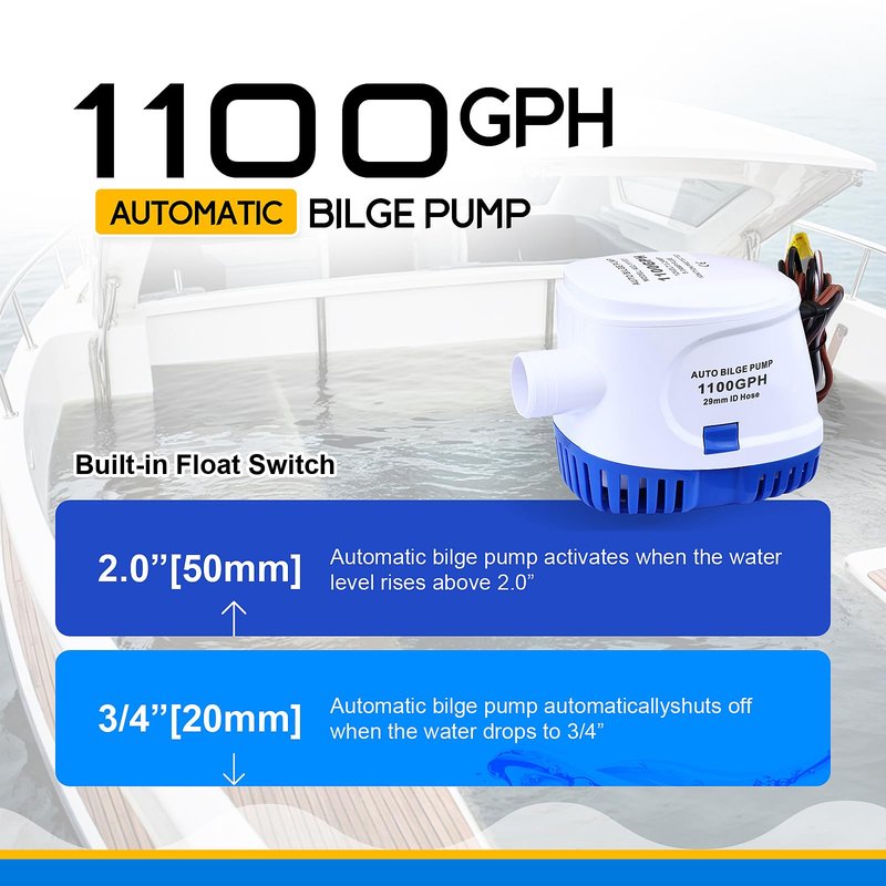 1100GPH Automatic Bilge Pump for Boats 12V Submersible Water Pump with Float Switch 1-1/8" Outlet
