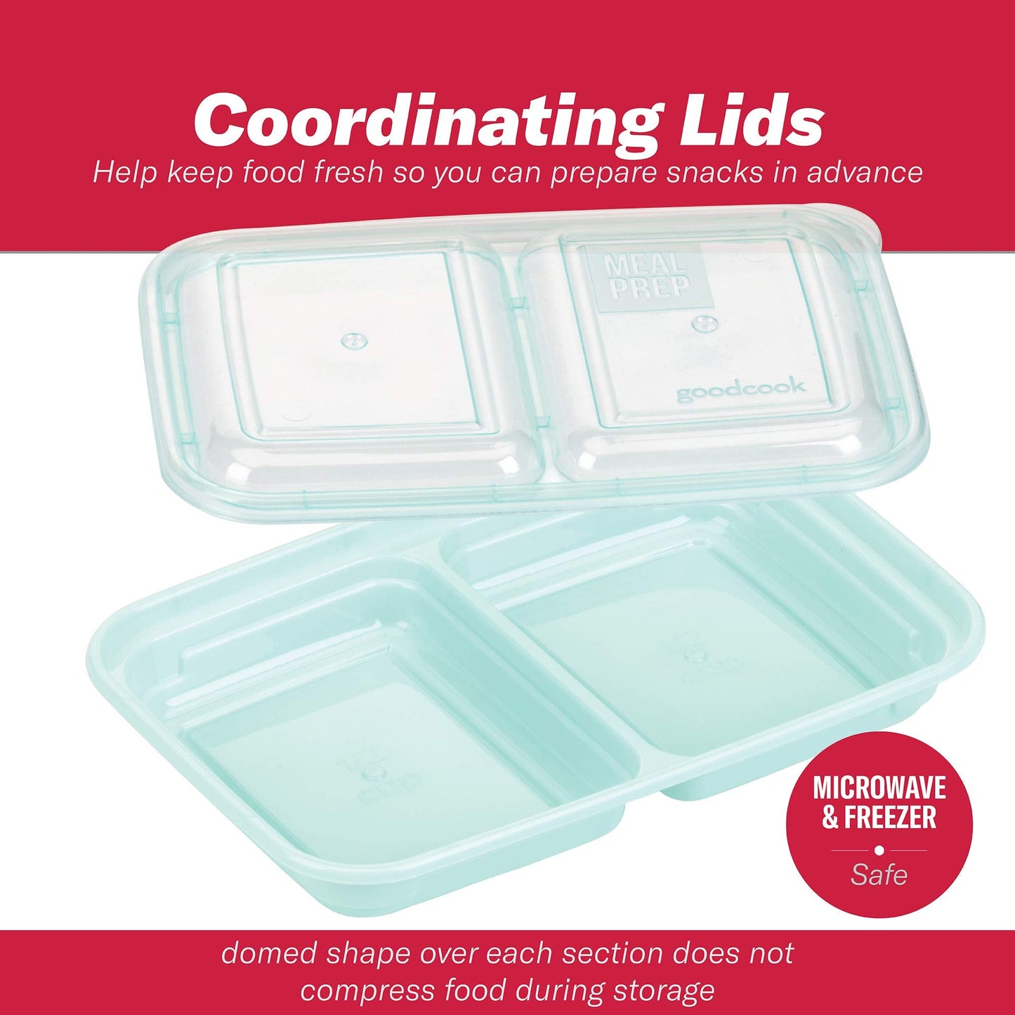 GoodCook Meal Prep Rectangle Snack Containers, 10 Pack, Light Blue, BPA-Free, Reusable 3-Compartment, Portable Snack Box, Microwave & Freezer Safe, with Lids for Portion Control