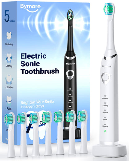 Bymore Electric Toothbrush for Adults,Travel Sonic Toothbrush with 8 Replacement Heads, Ultra Clean Rechargeable Toothbrush Portable One Charge for 330days 5 Modes 2mins Timer-Black