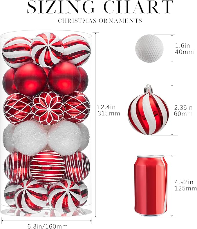 JORNOY Christmas Balls Ornaments, 30ct Shatterproof Xmas Tree Decorations, Hanging Bulbs Baubles Set with String for Holiday Home Party Decor, 2.36 inch/60mm, Red&White