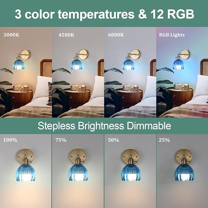 Vintage 5000 mAh Battery Operated Wall Sconce with Blue Clear Tulip Glass Lampshade Rechargeable Battery Powered Wall Light with Remote Control for Bedroom Doorway, Set of 2