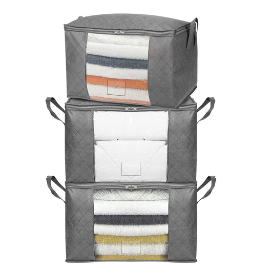 Amazon Basics Foldable Large Zipper Storage Bag Organizer Cubes with Clear Window & Handles, 3-Pack, Gray