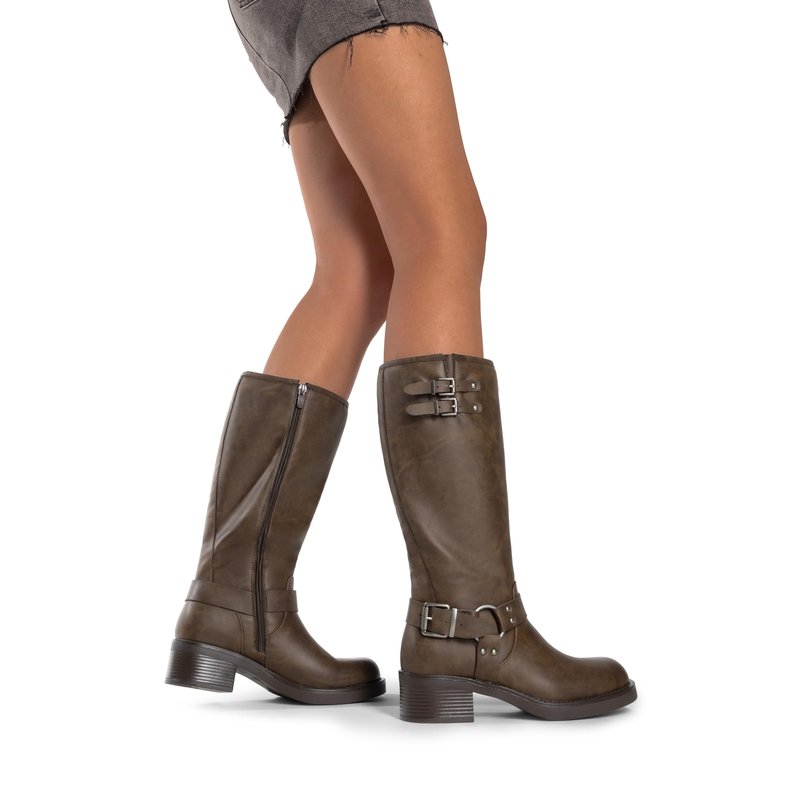 DREAM PAIRS Women's Knee High Boots Side Zipper Motorcycle Boots Square Toe Chunky Low Heel Fashion Buckles Biker Riding Boots,Size 8,Brown-Nubuck,SDKB2412W