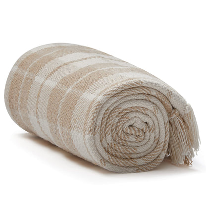 Americanflat 50x60 Throw Blanket - Soft and Breathable Cotton Throw Blanket for Couch, Bed, Chair - Decorative Blankets Perfect for Home, Office, or Outdoor Use - Ecru Camel Plaid Design
