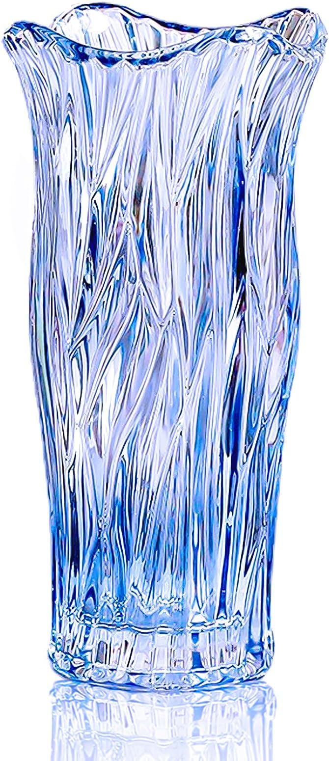 Glass Vase for Flowers, Blue Clear Glass Vases for Centerpieces, Crystal Vase for Home Table Flower Decor 9.1 inches Tall