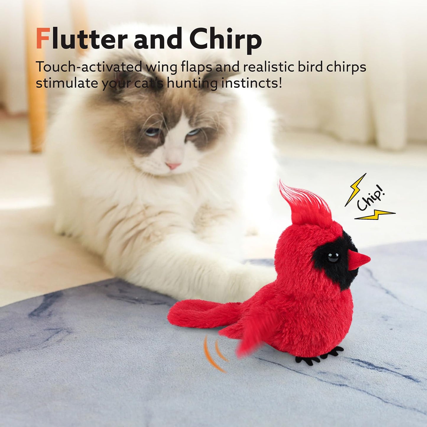 AIPERRO Flapping Cardinal Cat Toys, Interactive Cat Exercise Toy with Lifelike Bird Chirp, USB Rechargeable Automatic Cat Kicker Catnip Toys for Bored Indoor Adult Cats Kittens
