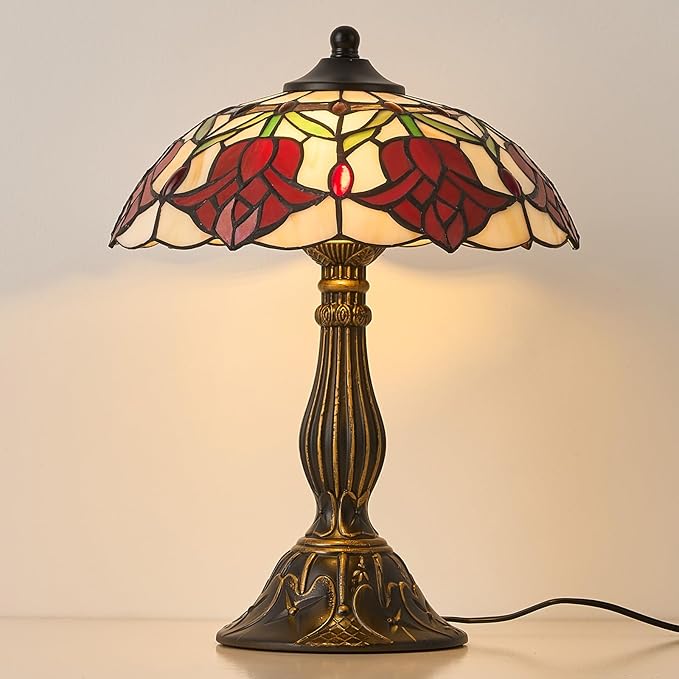 Tiffany Style Table Lamp, Vintage Style Desk Lamp with Stained Glass Shade, Mid Century Modern Bedside Nightstand Decorative Lamps Unique Accent Light for Bedroom Living Room ect