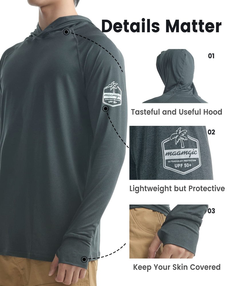 maamgic Sun Protection Hoodie Shirts For Men UPF 50+ Long Sleeve SPF Fishing Hoodie Mens Outdoor UV Sun Shirts With Hood Black
