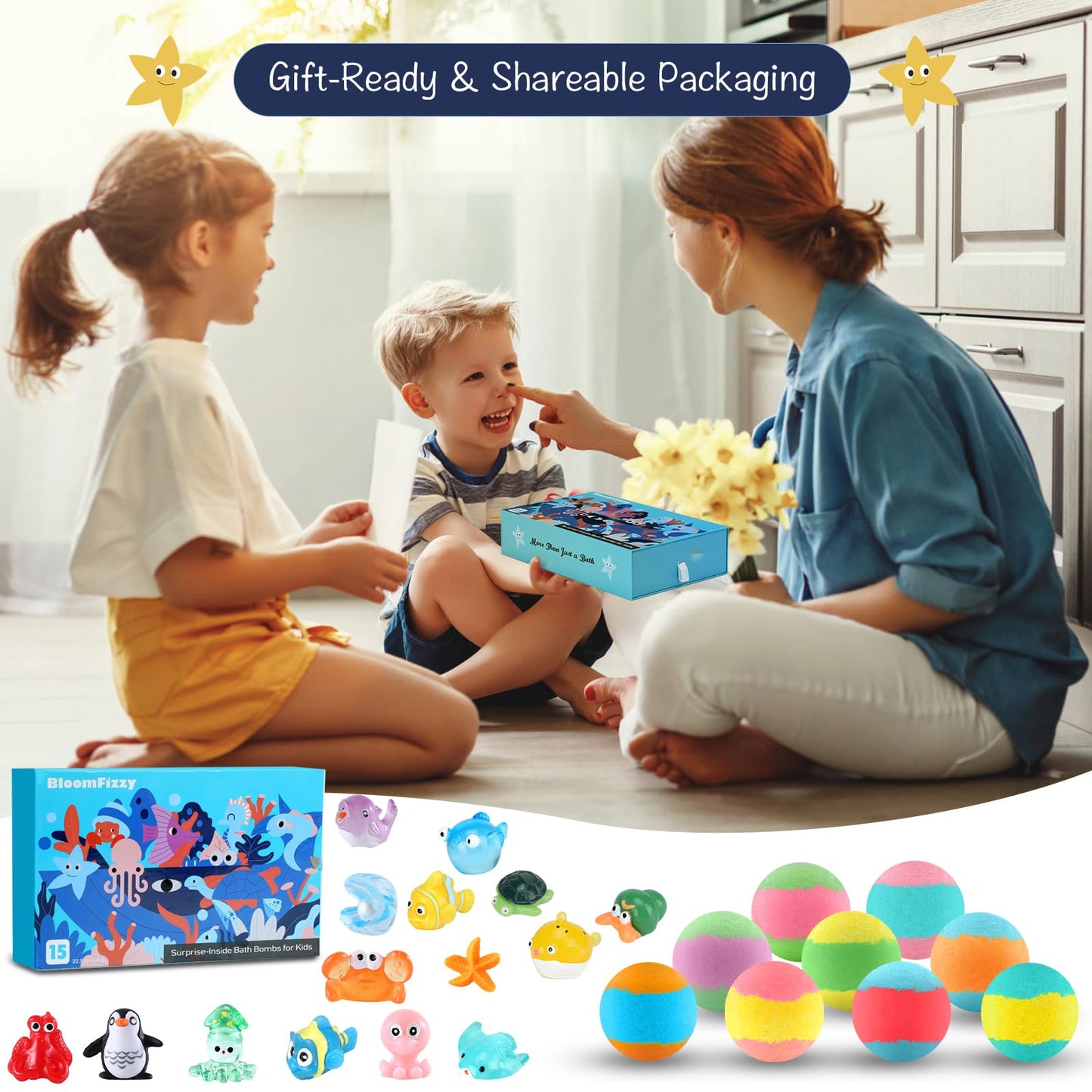 Sea Surprise Bath Bombs for Kids – 15 Pack Fizzy Gift Set with Hidden Ocean Toys, Gentle & Scented, Kid-Safe & Fun Bath Time, Great Summer Treats & Birthday Gifts for Boys and Girls