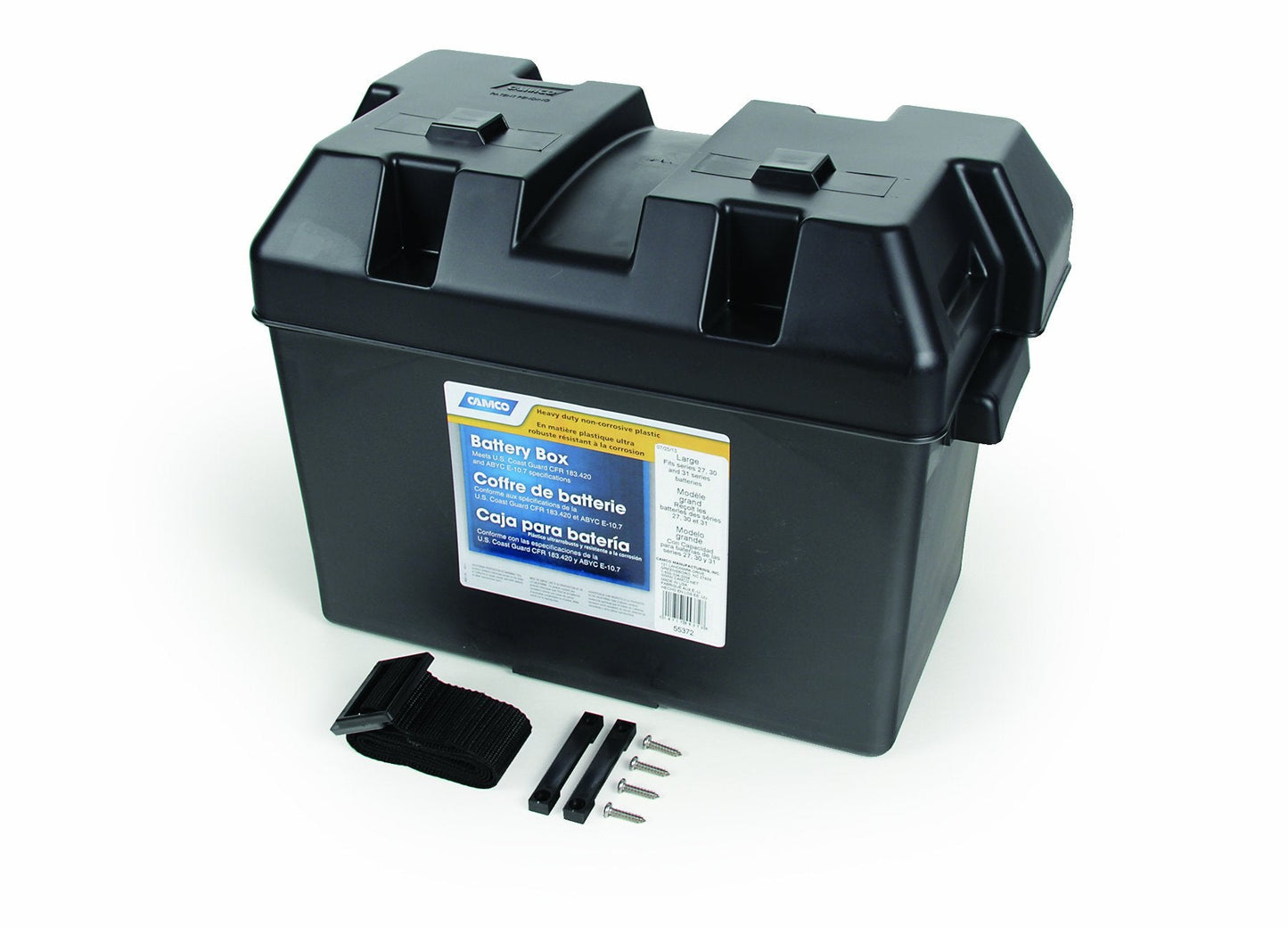 Camco Large Battery Box with Straps and Hardware - Group 27, 30, 31 |Safely Stores RV, Automotive, and Marine Batteries | Measures Inside 7-1/4" x 13-1/4" x 8-5/8" | (55373), Black
