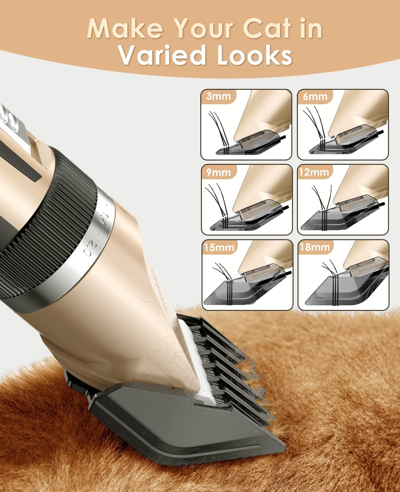 oneisall Quiet Cat Clippers for Matted Hair, 2-Speed Cordless Cat Grooming Kit Low Noise Pet Clipper Shaver for Dogs Cats Animals (Gold)