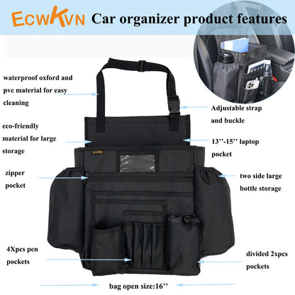 ECWKVN Car Front Seat Organiser -Car File Patrol Bag,Heavy Duty Passenger Tidy Backseat Organiser-Vehicle Storage Bag with 10 Multi Pockets for Laptops Tablet Cup Holder,Black