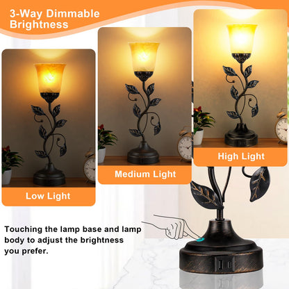 Kakanuo Touch Table Lamp Bedside Lamp Nightst Lamp USB Charging Ports for Living Room 3 Way Dimmable Traditional Leaf Lamp Retro Table Lamp for Bedroom Amber Glass Lampshade LED Bulb Included)