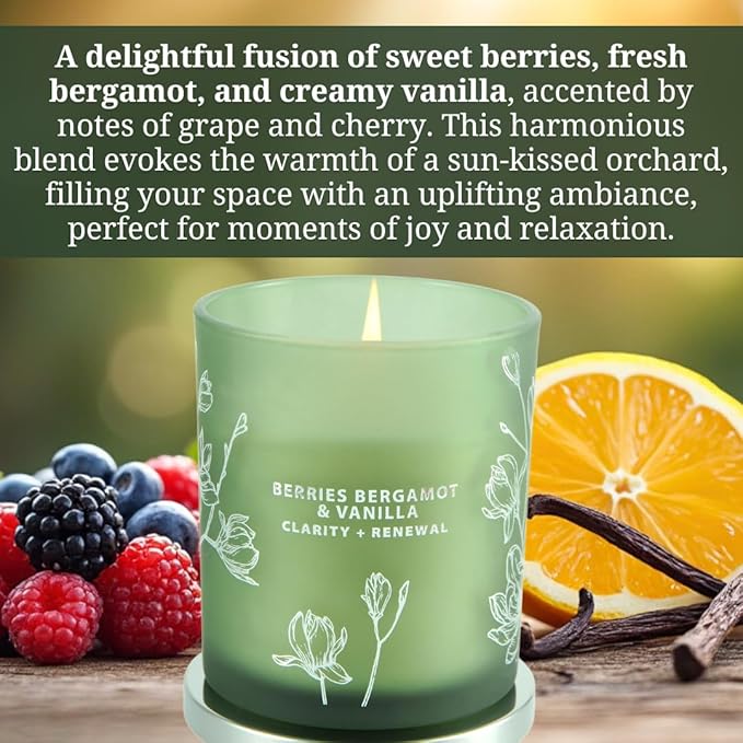 Berries Bergamot & Vanilla Scented Candle - Wood Wick Soy Candle Large 10.6 oz - Strong Throw, Long-Lasting, Clean Burn - Cozy Home Aromatherapy Candle