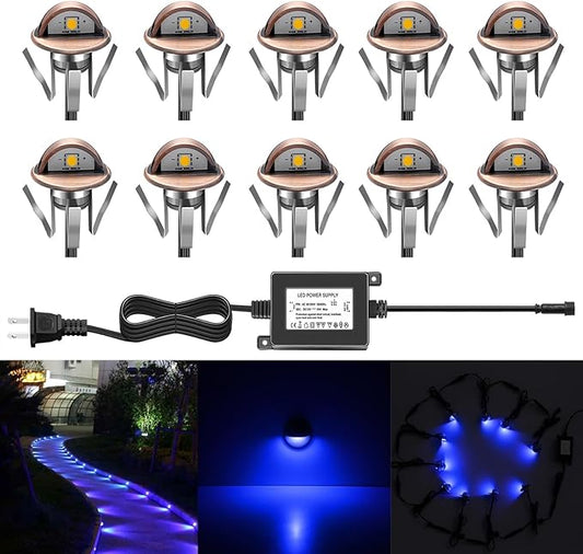 LED Stair Light Low Voltage Waterproof IP65 Outdoor 1-2/5" Recessed Wood LED Deck Lighting Yard Garden Patio Step Landscape Pathway Decor Lamp (10pcs, Blue)