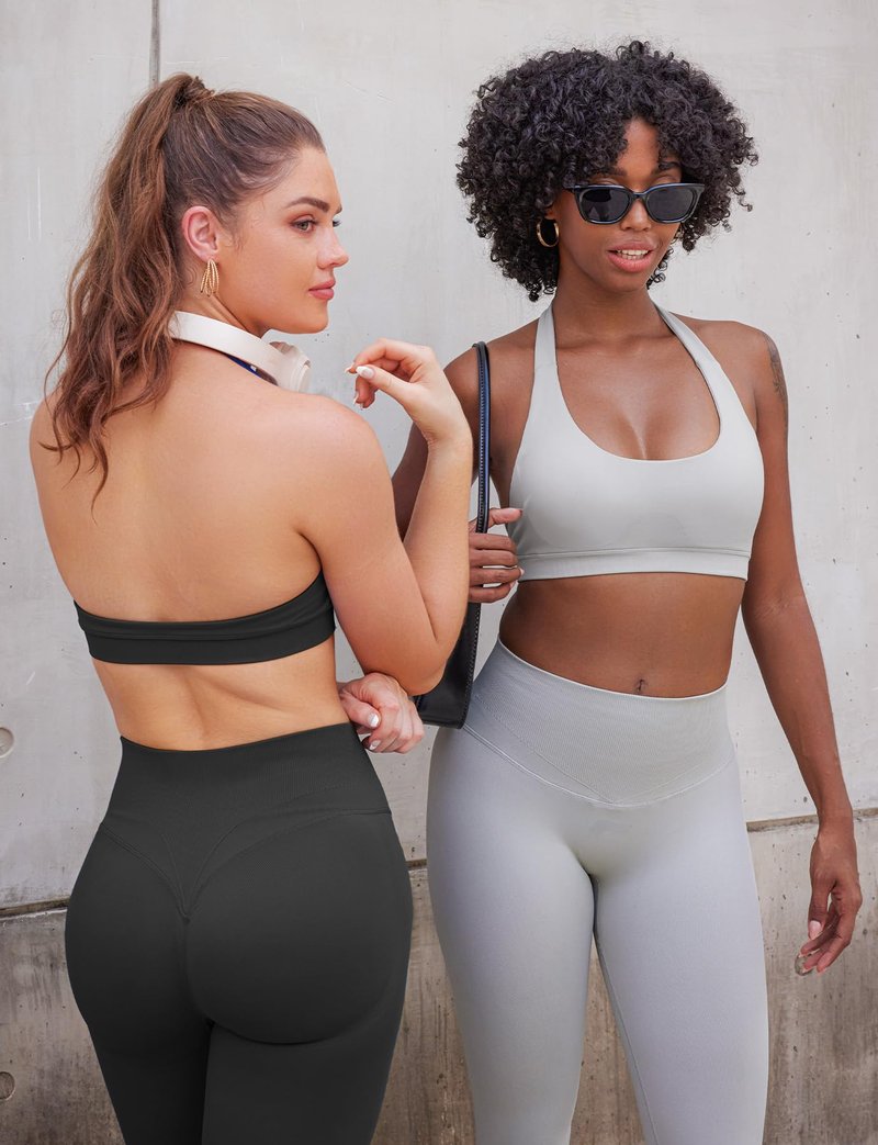 VOYJOY Women Workout Impact Bras Medium Low Support Halter Sports Bras Seamless Open Back Gym Padded Yoga Crop Top Black L