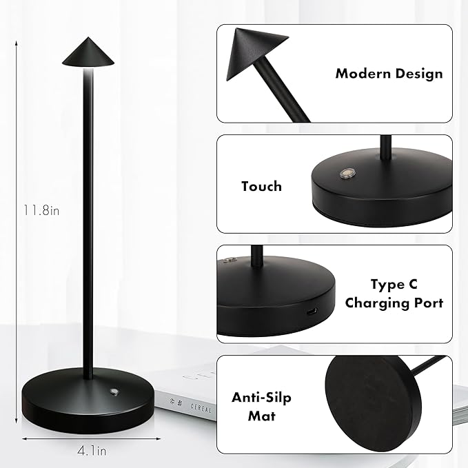 2Pack Cordless Table Lamp, Rechargeable Battery Operated Lamp 4000mAh with 3 Color Light Stepless Dimming Portable LED Desk Touch Table Lamp for Restaurant Nightstand Bedroom Living Room Black