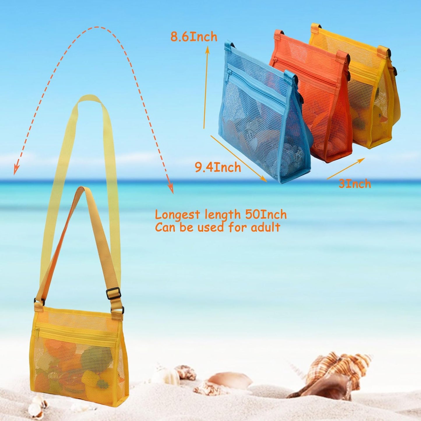 MUYIZI Mesh Beach Bag for Shells Collecting 3 Pack,Shell Bags for Beach, Beach Shell Bag for Kids, Sea Shell Bags for Picking Up Shells, Sand Toys Swimming Accessories for Boys and Girls