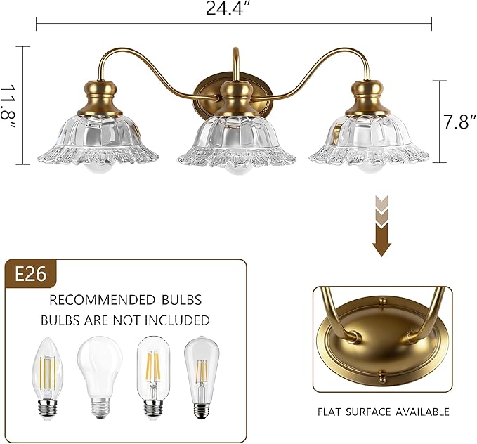 3-Lights Bathroom Vanity Light, Gold Vintage Bathroom Light Fixtures, Matte Antique Brass Finish with Crystal Glass Shade, Wall Sconces Lighting for Living Room, Bedroom, Hallway（E26 Base）