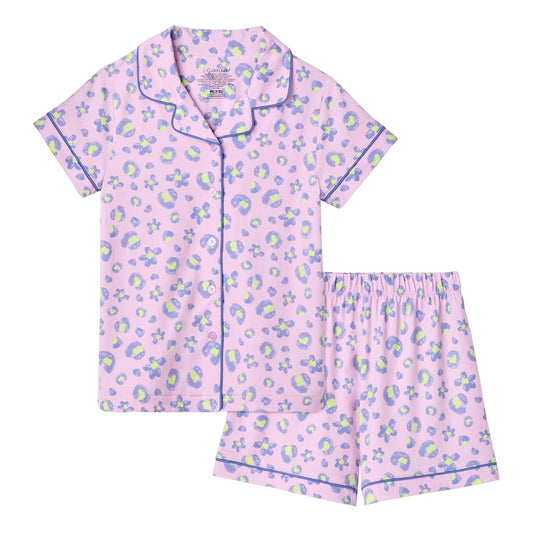 Cuddl Duds Girls Matching 2 Piece Pajamas Set - Short Sleeve Button Down Pajama Shirt and PJs Shorts Sets for Kids - Super Soft & Lightweight Jersey Fabric, Purple Cheetah Print, Large Size 10 12
