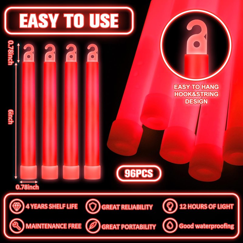 Sotiff 96 Pcs Bright 6 Inch Large Glow Sticks Bulk Emergency Glow in The Dark Sticks with 12 Hour Duration for Camping Hiking Outdoor Parties Activities Survival Storms (Red)