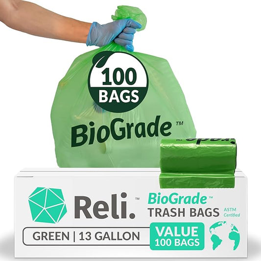 Reli. Biodegradable 13 Gallon Trash Bags | 100 Count | ASTM D6954 | Green |