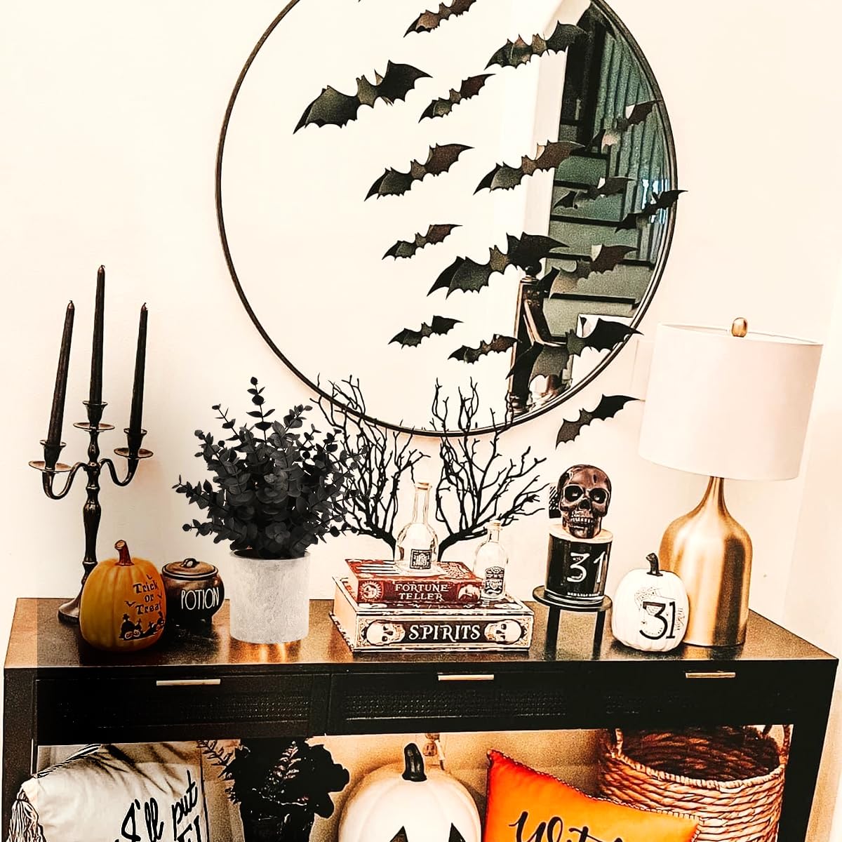 2 Pack Black Fake Eucalyptus Small Fake Plants Potted Artificial Plants for Halloween Decorations Shelf Desk Home Farmhouse Room Coffee Table Bathroom Decor(Black)