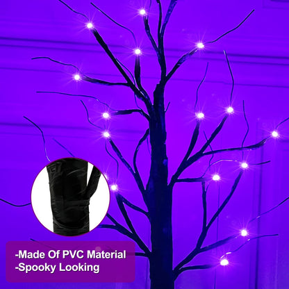 2 Pack 24 Inch Purple Lighted Halloween Birches Tree Decor with Timer Total 48 LED Battery Operated Tabletop Artificial Black Spooky Tree Halloween Decorations for Indoor Home Holiday Party