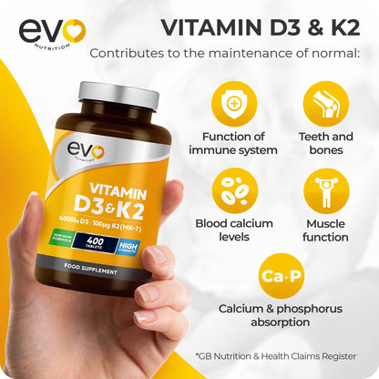 Vitamin D3 4000iu & Vitamin K2 100ug MK7 | 400 Vegetarian Tablets - 1 Year Supply | Cholecalciferol & Menaquinone | Made in The UK