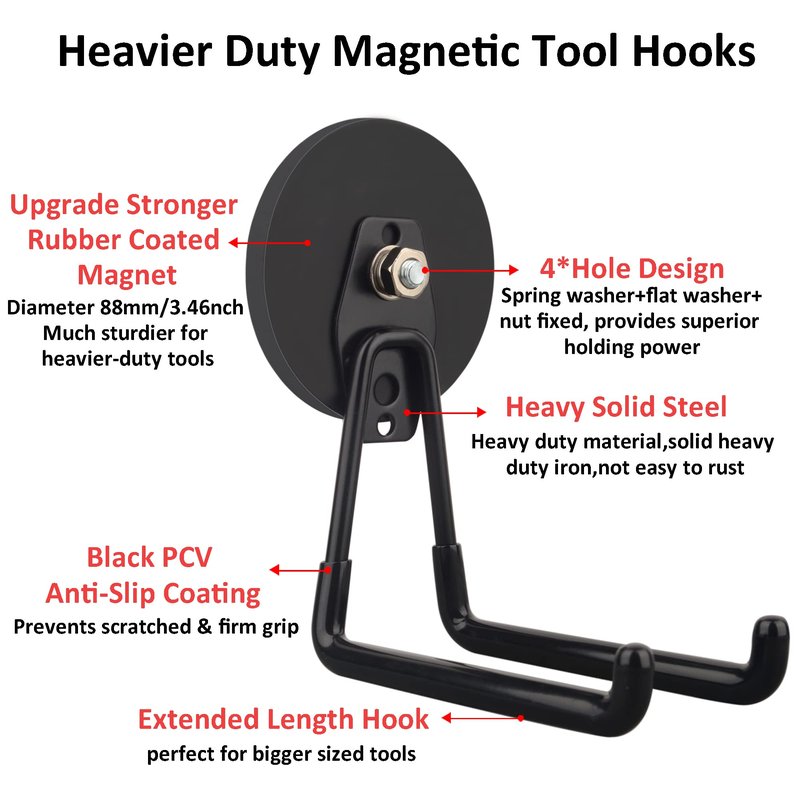 ULIBERMAGNET Strong Magnetic Ultimate Hooks,Large Magnet with Hooks for Heavy Duty Tools,Jig Saw,Hose, 2 Pack Heavy Duty Magnetic Hooks for Hammer Drill,Circular Saw,Garden Tool(3.46inch/Black)